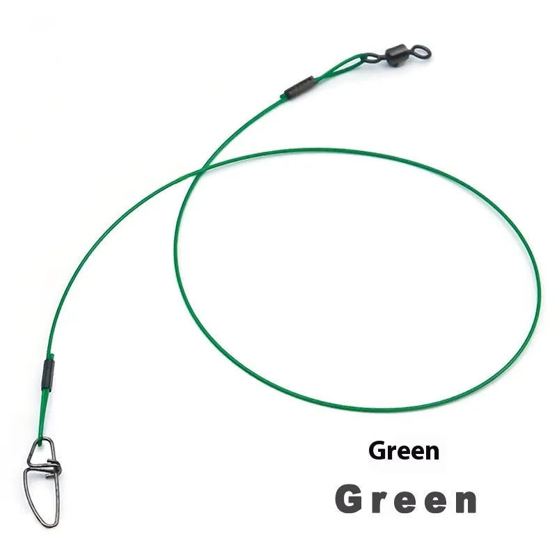Ten green steel wire double buckle fishing leader pins laid out, each 54 cm long.