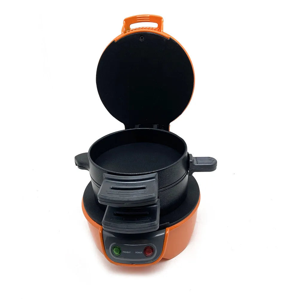 Bright red breakfast sandwich maker with egg cooker ring and waffle plates on kitchen counter