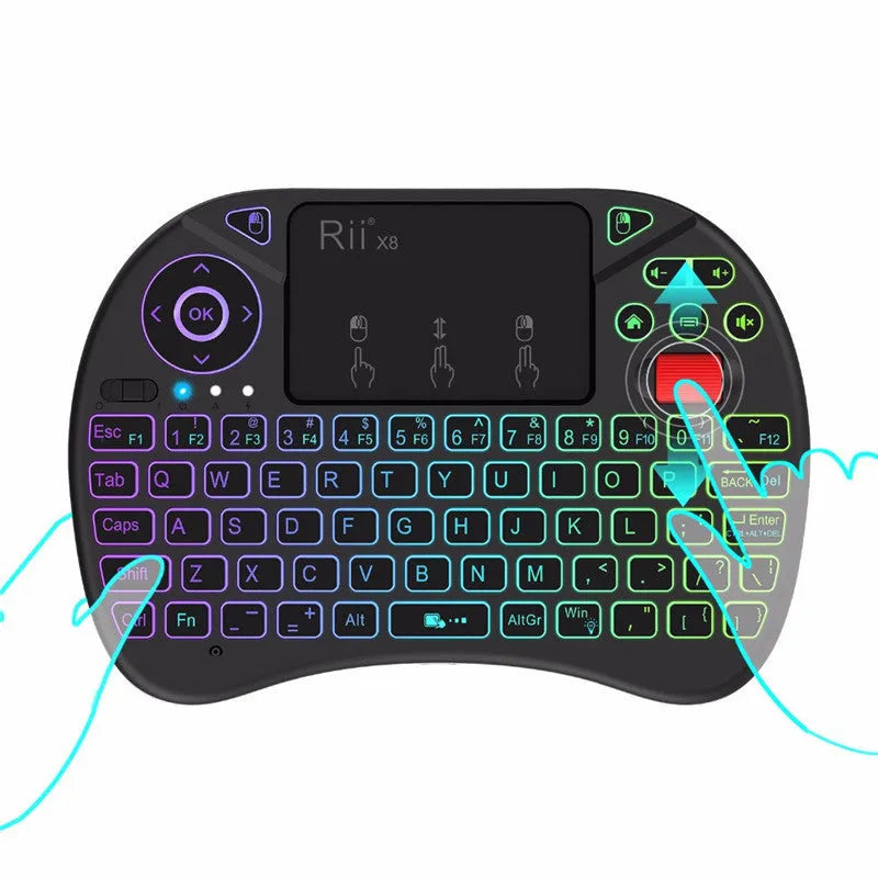 i8X black wireless keypad with 71-key QWERTY keyboard, touchpad, dual mouse buttons and lithium battery