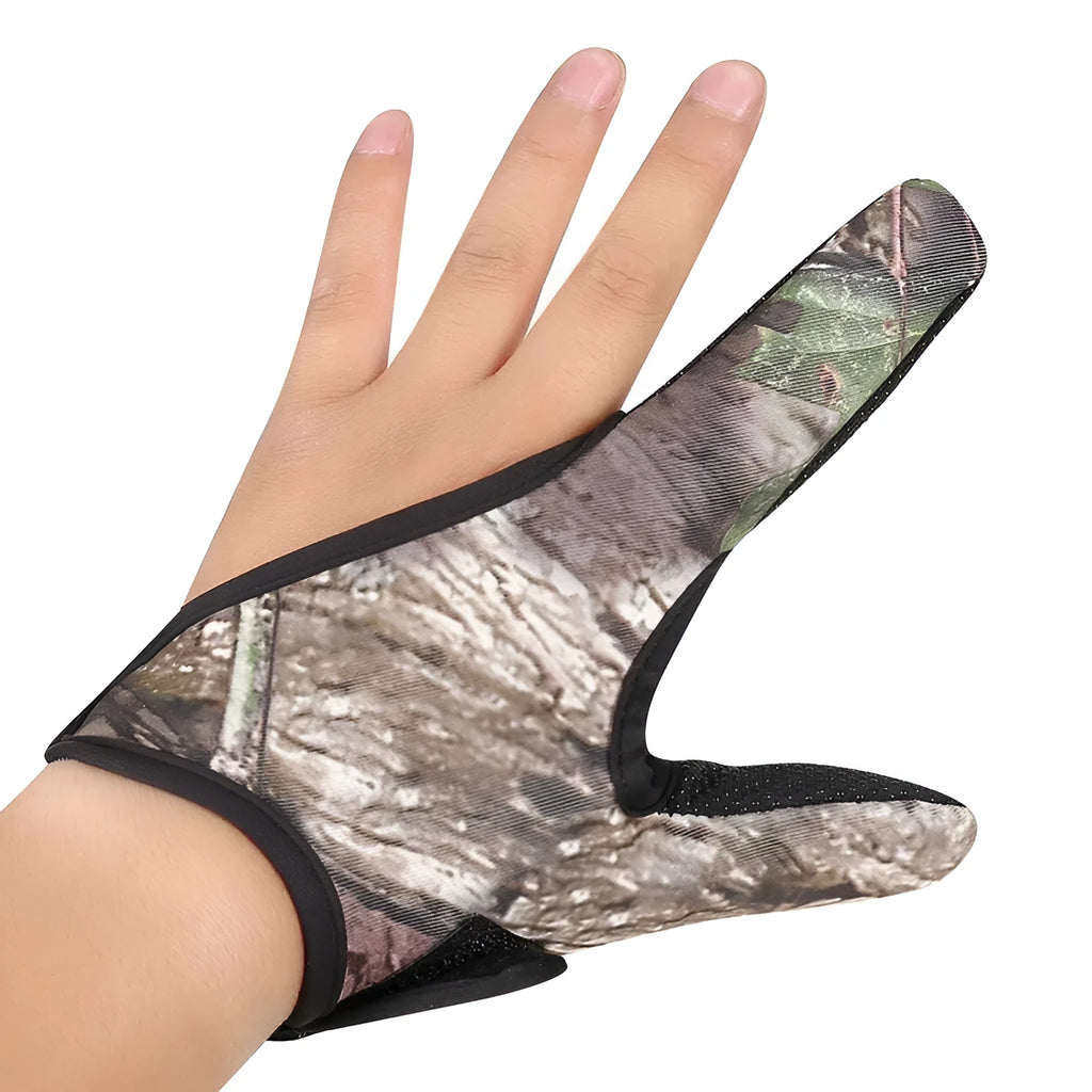 Single two-finger fishing glove showing microfiber palm and diving cloth back, colour options include blue, red, black, camouflage.