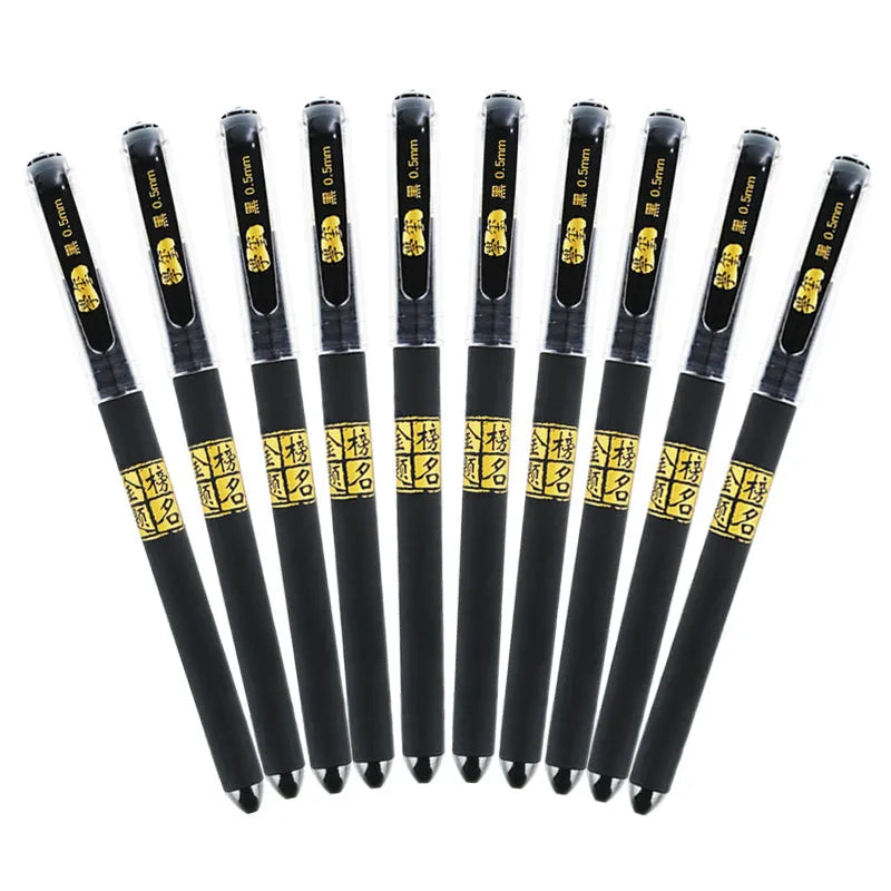 Pack of eight black gel pens with triangular grips and 0.5mm tips, shown with bullet and needle style options.