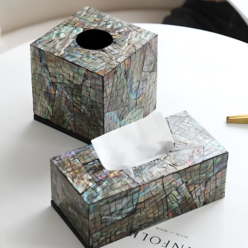 Black shell tissue box storage container with modern design on coffee table