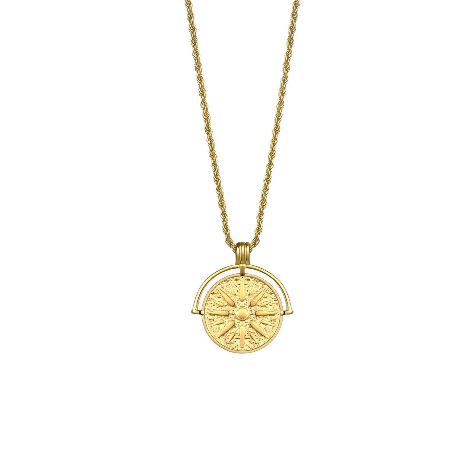 Sunflower embossed stainless steel pendant necklace with geometric patterns on hemp flowers chain