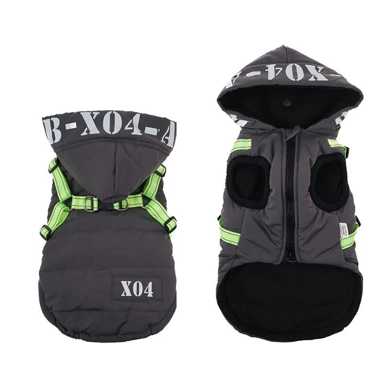 Winter fleece-lined waterproof dog jacket with hood in black blue gray or red colours