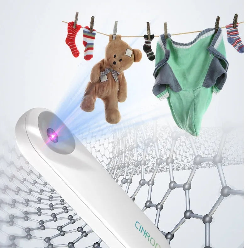 White portable UV sterilizer lamp showing compact dimensions of 116mm length with battery capacity and disinfection specifications