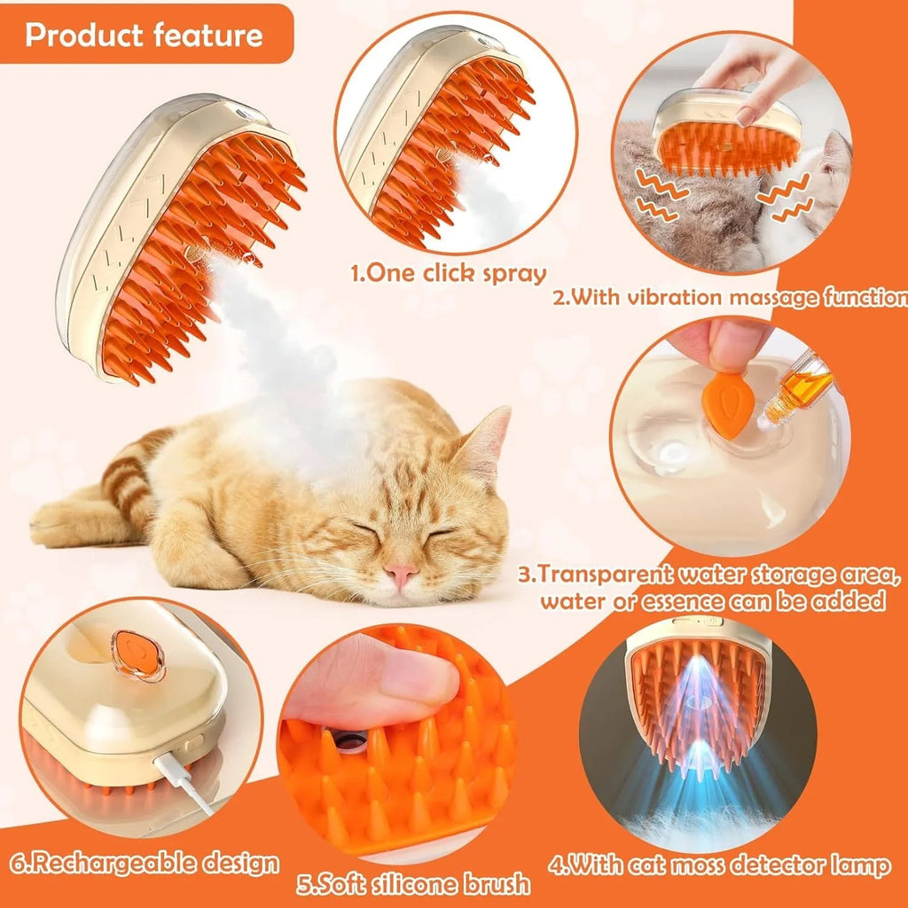 Yellow cat steam brush with silicone bristles, water reservoir, and ringworm detection light