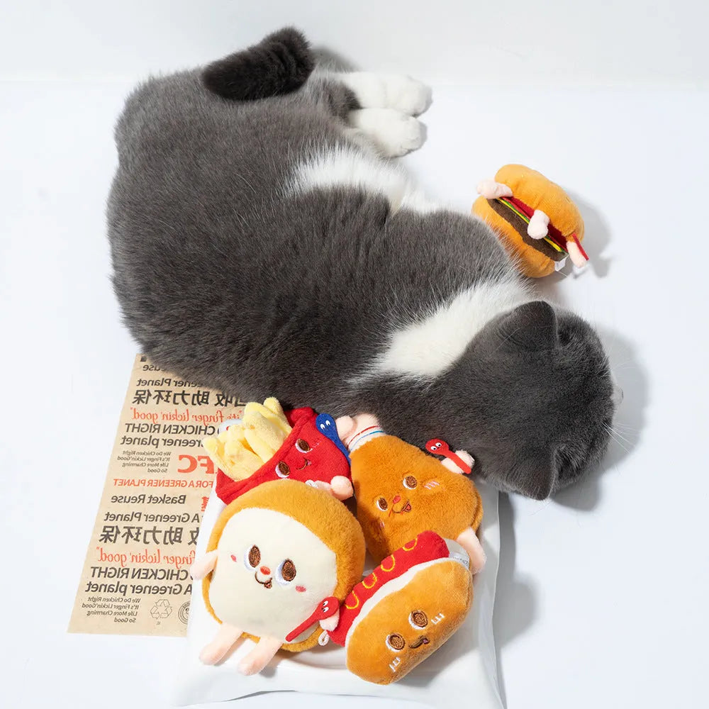 Set of soft cat chewing toys shaped like a chicken leg, hamburger, fries, hot dogs, and bread.