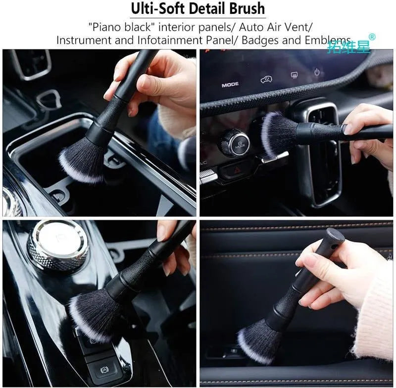 Black car detailing brush with ultra-soft pig hair bristles shown in 240mm and 160mm handle sizes.