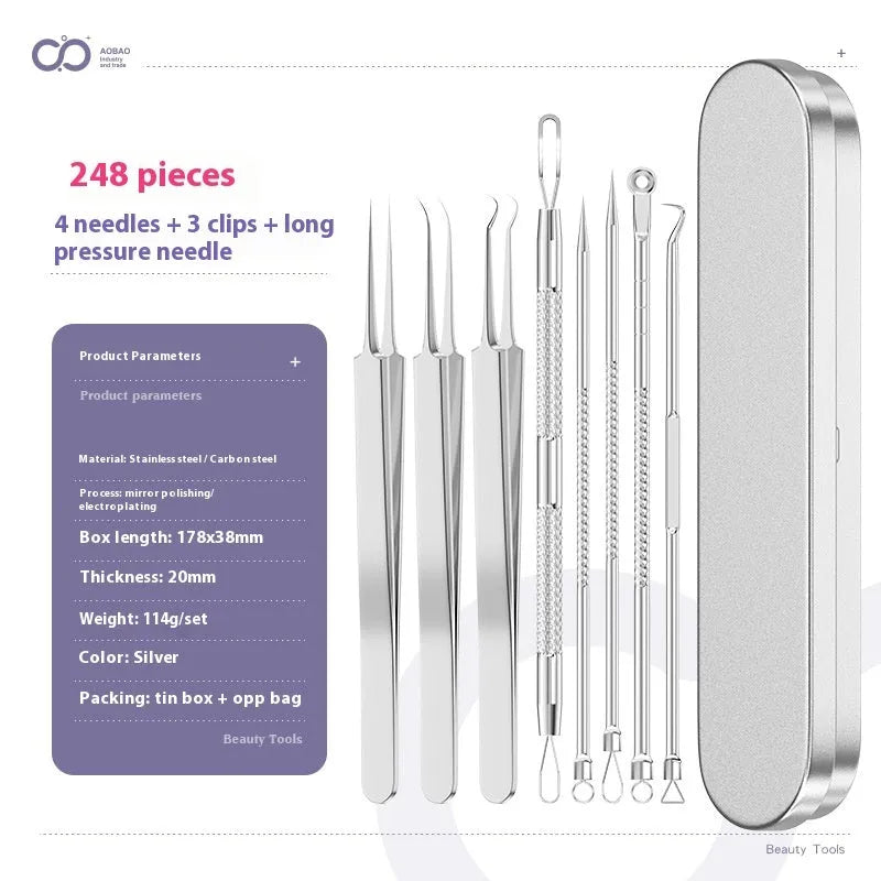 Four silver metal acne needles with ultra-fine pointed tips for blackhead extraction.