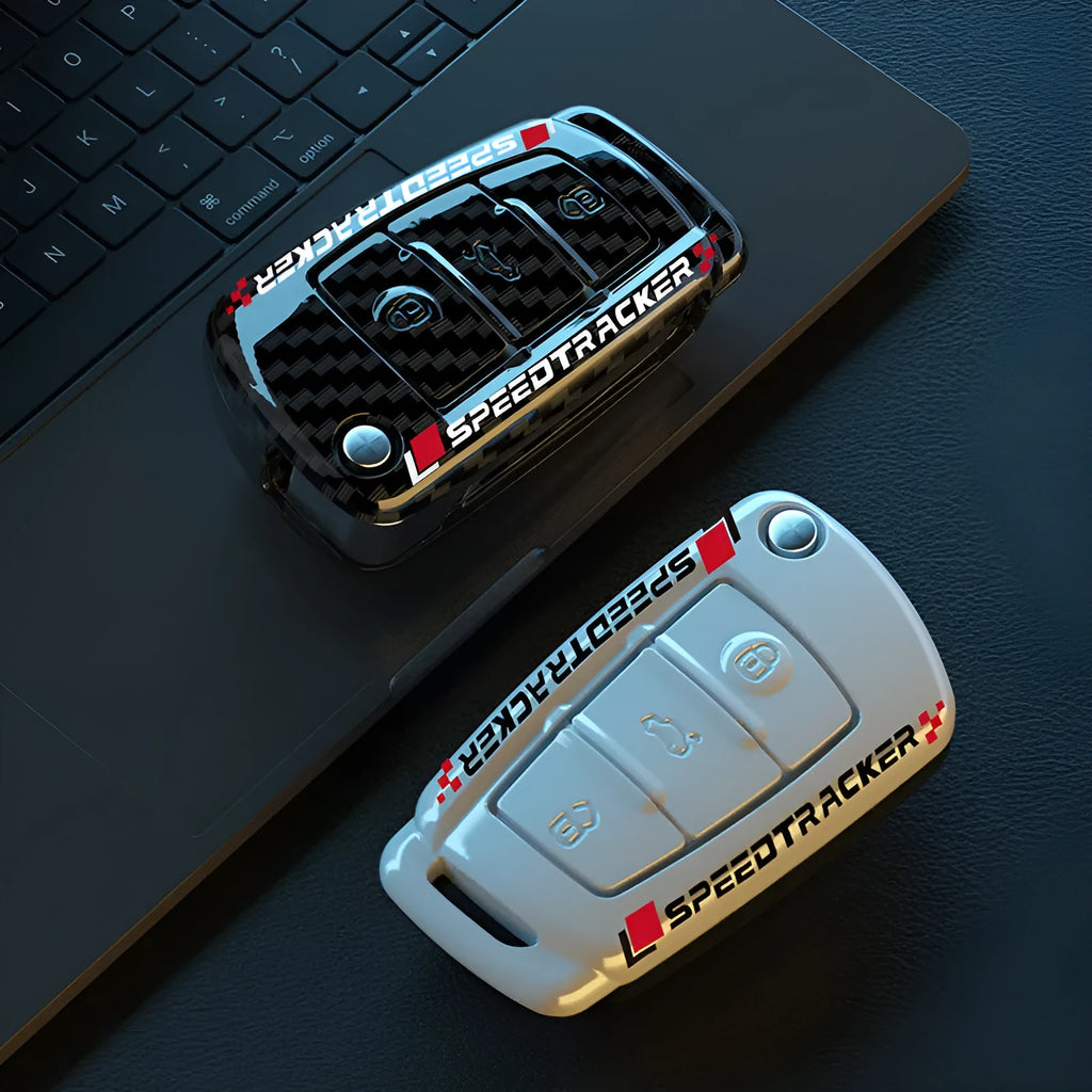Carbon fibre style car key cover with mirror surface detail in carbon black colour