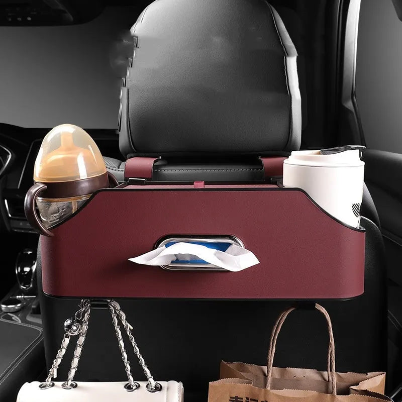 Genuine leather car tissue box holder storage bag in beige colour showing hanging strap