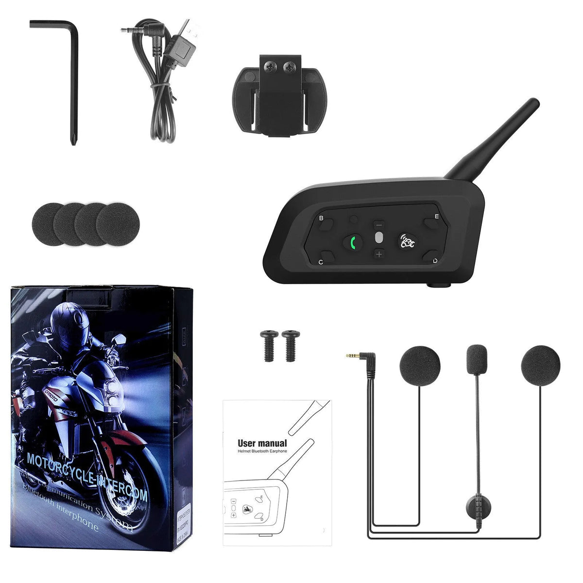 V6pro motorcycle helmet Bluetooth intercom with mounting clips and charging cable