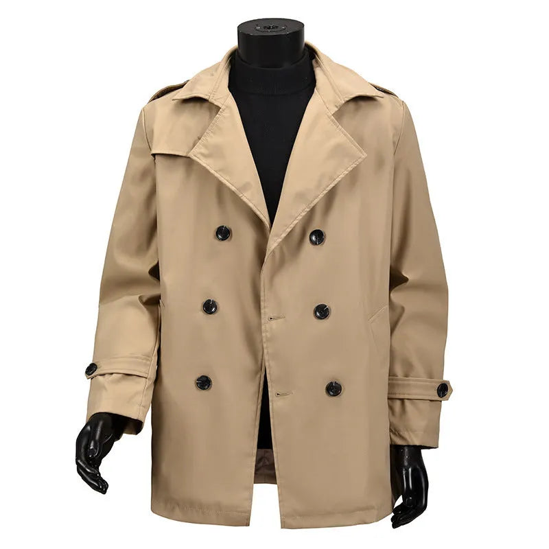 Men's mid-length double-breasted jacket in khaki, apricot or black, loose polyester casual coat, 50cm length