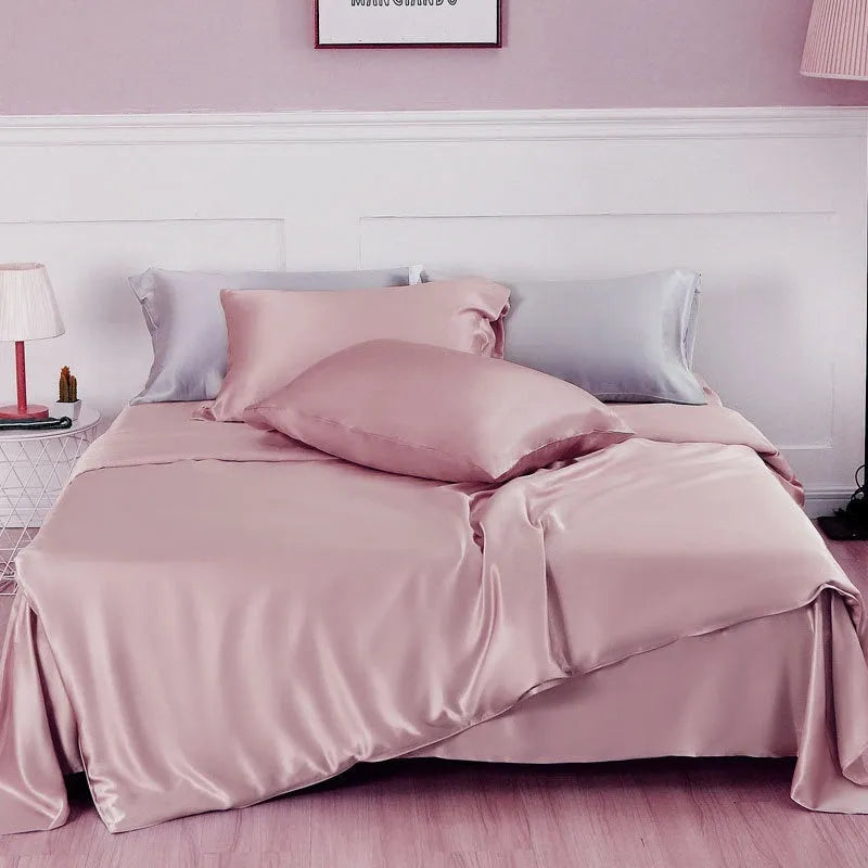 Solid colour silk duvet cover laid flat, showing double-sided plain weave fabric in one of six available colours.