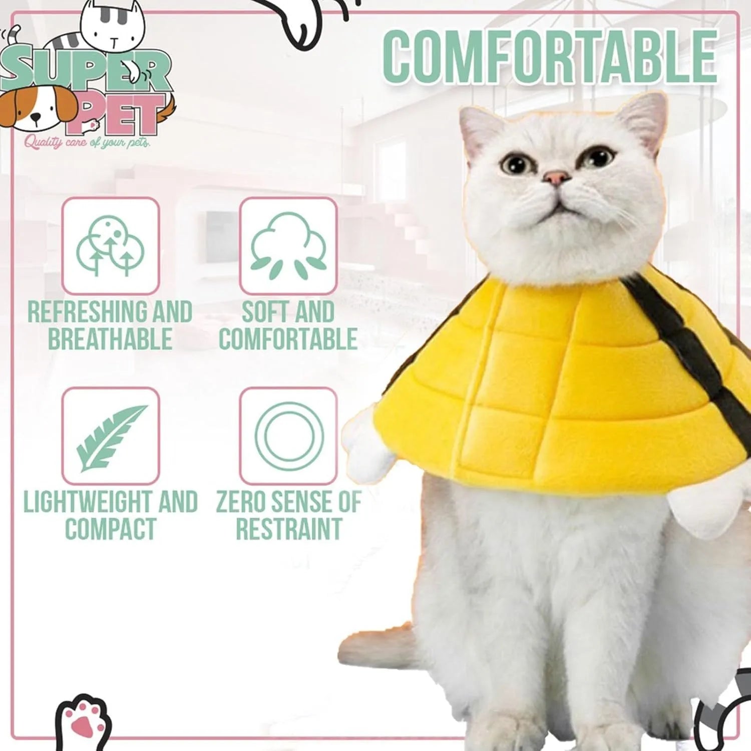 Soft cat recovery cone collar with bee design and velcro strap.