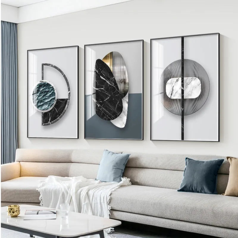 Abstract geometric pattern canvas wall art painting in a modern frame.