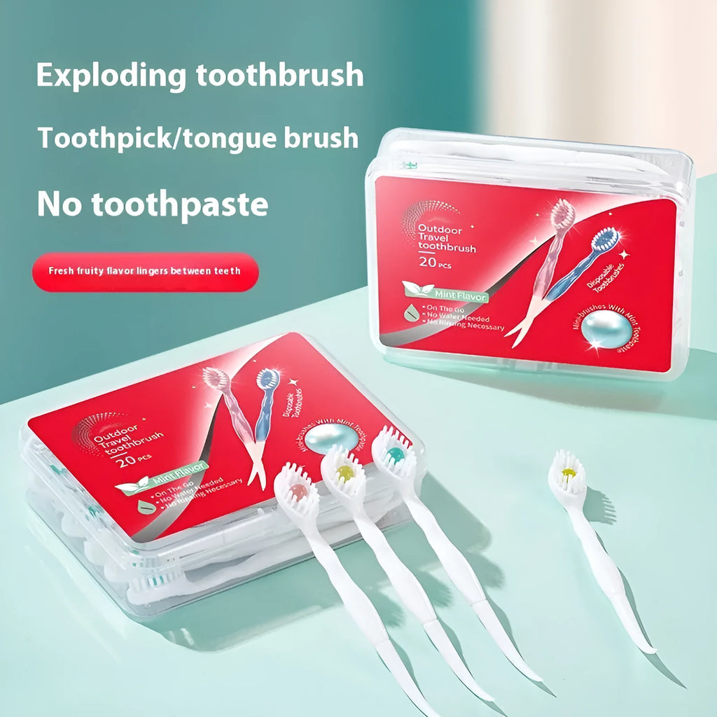 Box of 20 Bead disposable toothbrushes with integrated toothpaste in mint, peach, and plum green tea flavours.