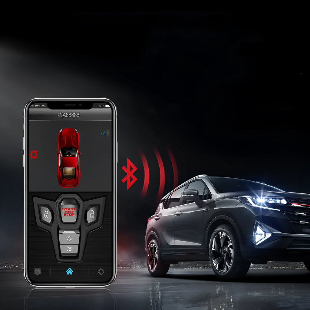 Red and black one-way remote control car alarm system with two remotes displayed.