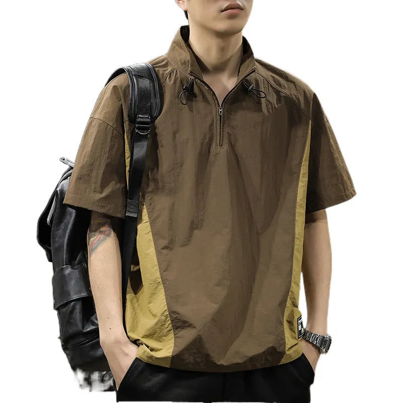 Men's brown half zip stand collar short sleeve shirt in fleece-lined Ice Silk fabric