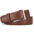 Men's black leather belt with a silver alloy pin buckle on a wooden background.