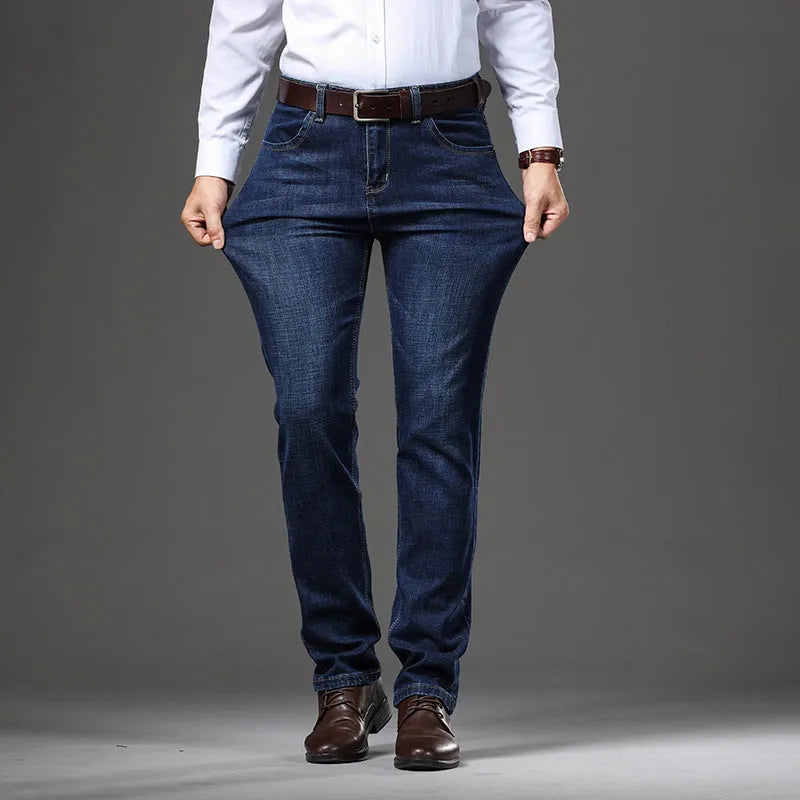 High-elasticity straight-leg denim jeans in black and blue colours showing business casual styling