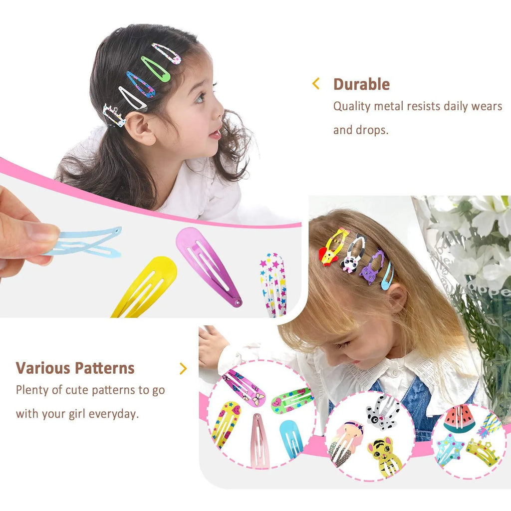 100 piece metal snap hair clips for girls in candy colours with animal, fruit, crown, star, and flower designs