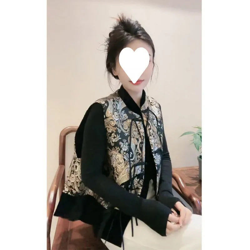 Retro Tang Suit style vest with plant and flower pattern, button cardigan front, 50cm length, picture colour