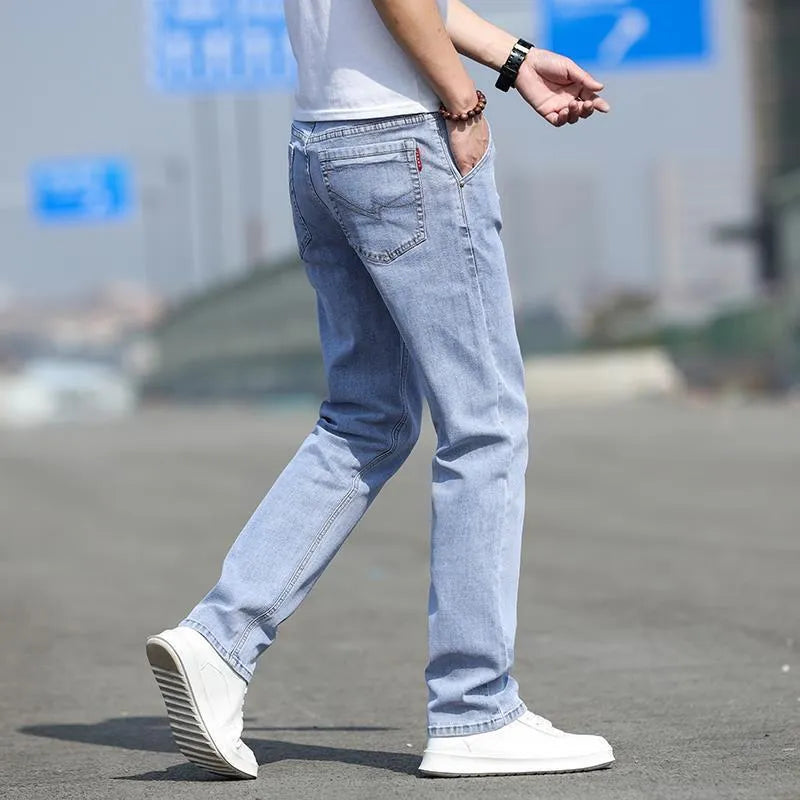 Men's smoky grey low waist straight leg jeans with high elasticity rabbit fur fabric