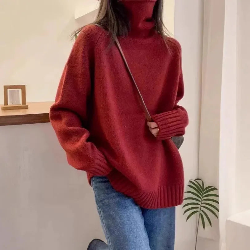 Women's loose thick turtleneck sweater with curling pile collar in red, camel, grey, or black
