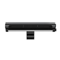 Black USB-powered bladeless clip-on fan with integrated lamp attached to a laptop screen.