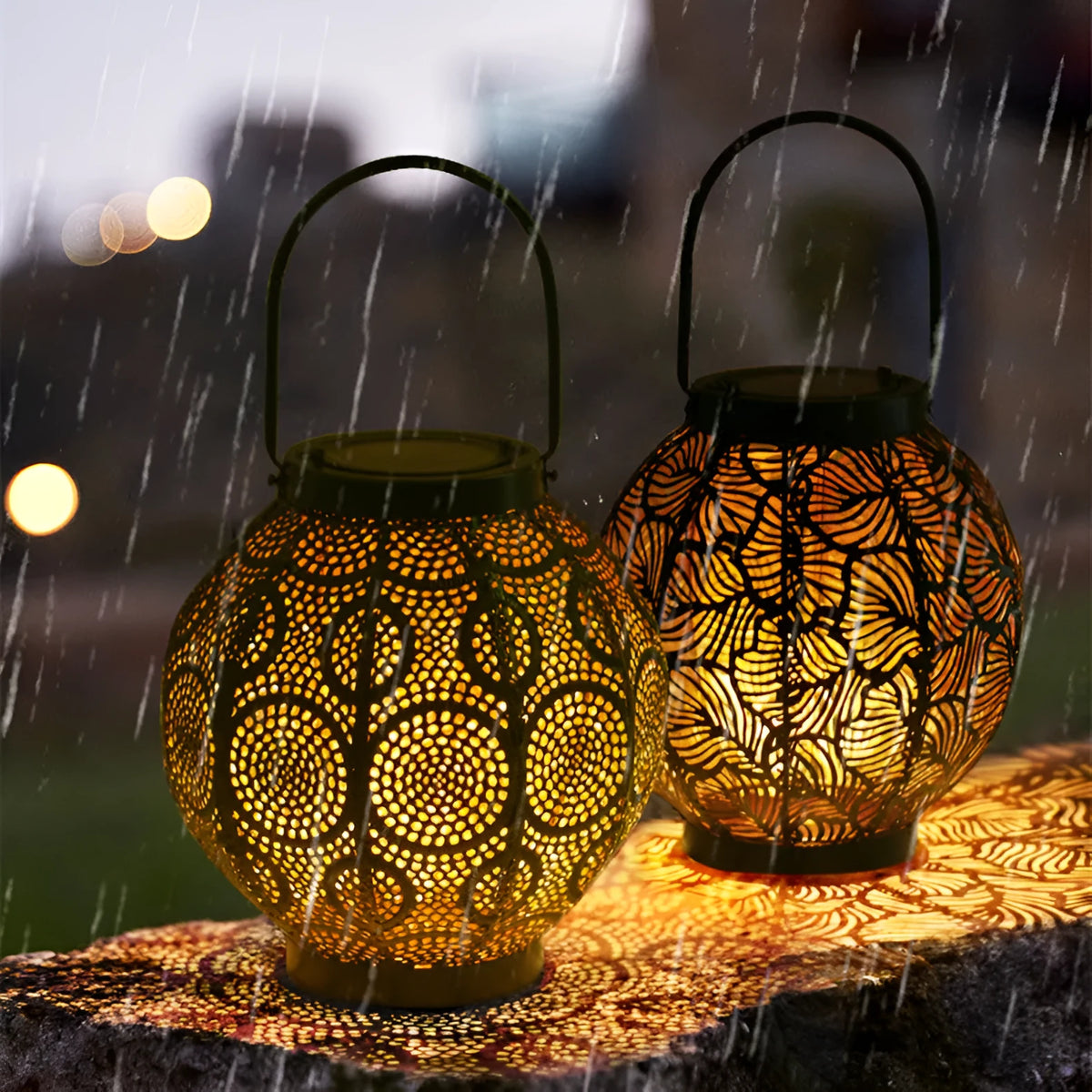Solar-powered courtyard lamp with hollow iron decorative design showing warm white LED illumination