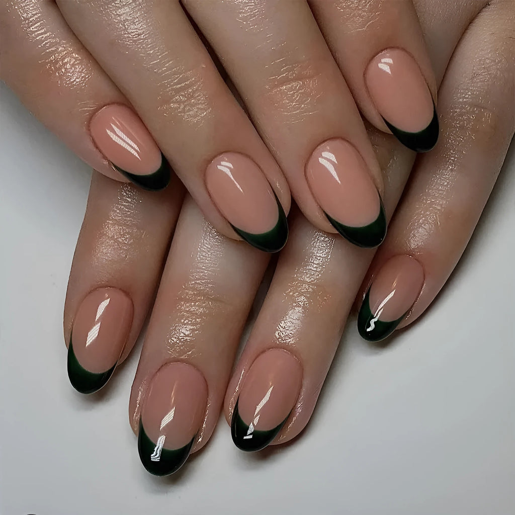 Black French style false nails in almond shape with short length, 24-piece set