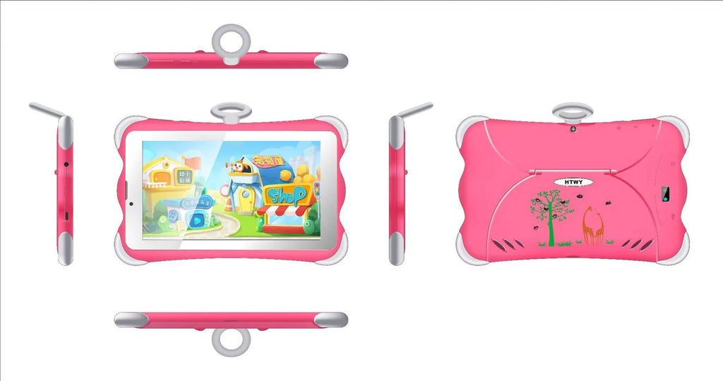 A 7-inch children's learning tablet in a cartoon colour, shown with its stand attached, on a table.