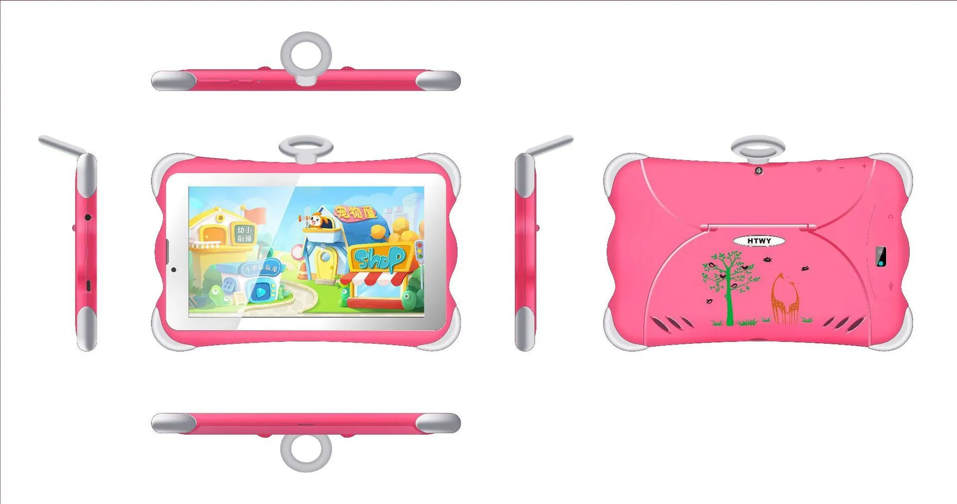 A 7-inch children's learning tablet in a cartoon colour, shown with its stand attached, on a table.