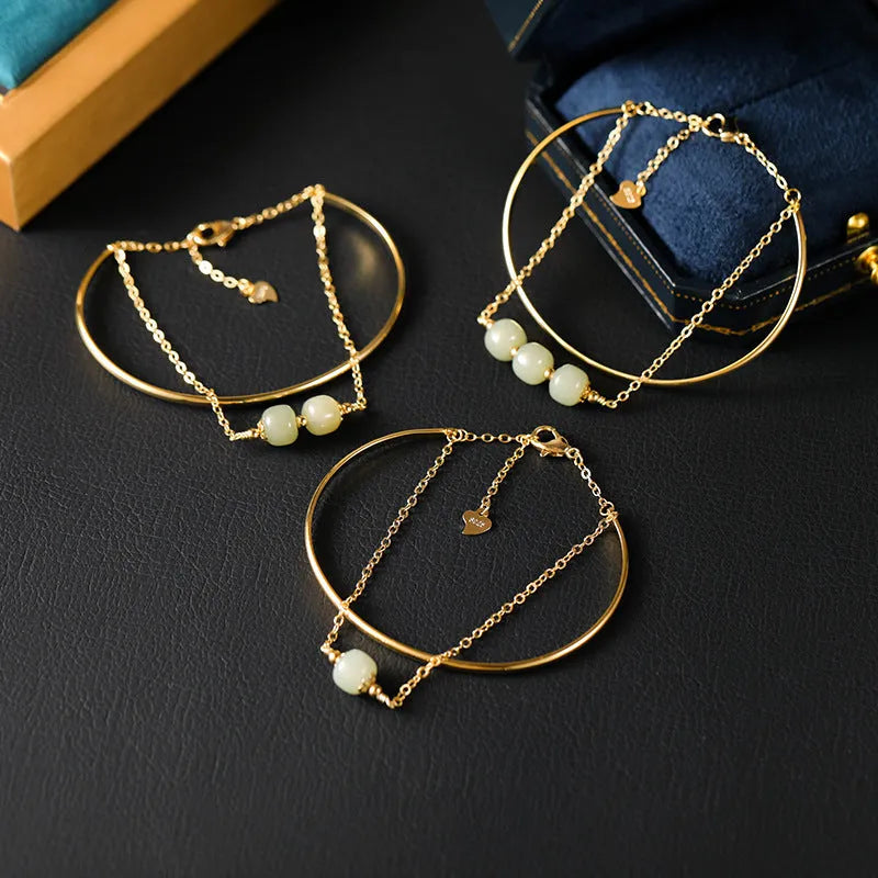 Hetian jade women's bracelet with gold inlay and lucky beads, shown in single, double, and three-bead versions.