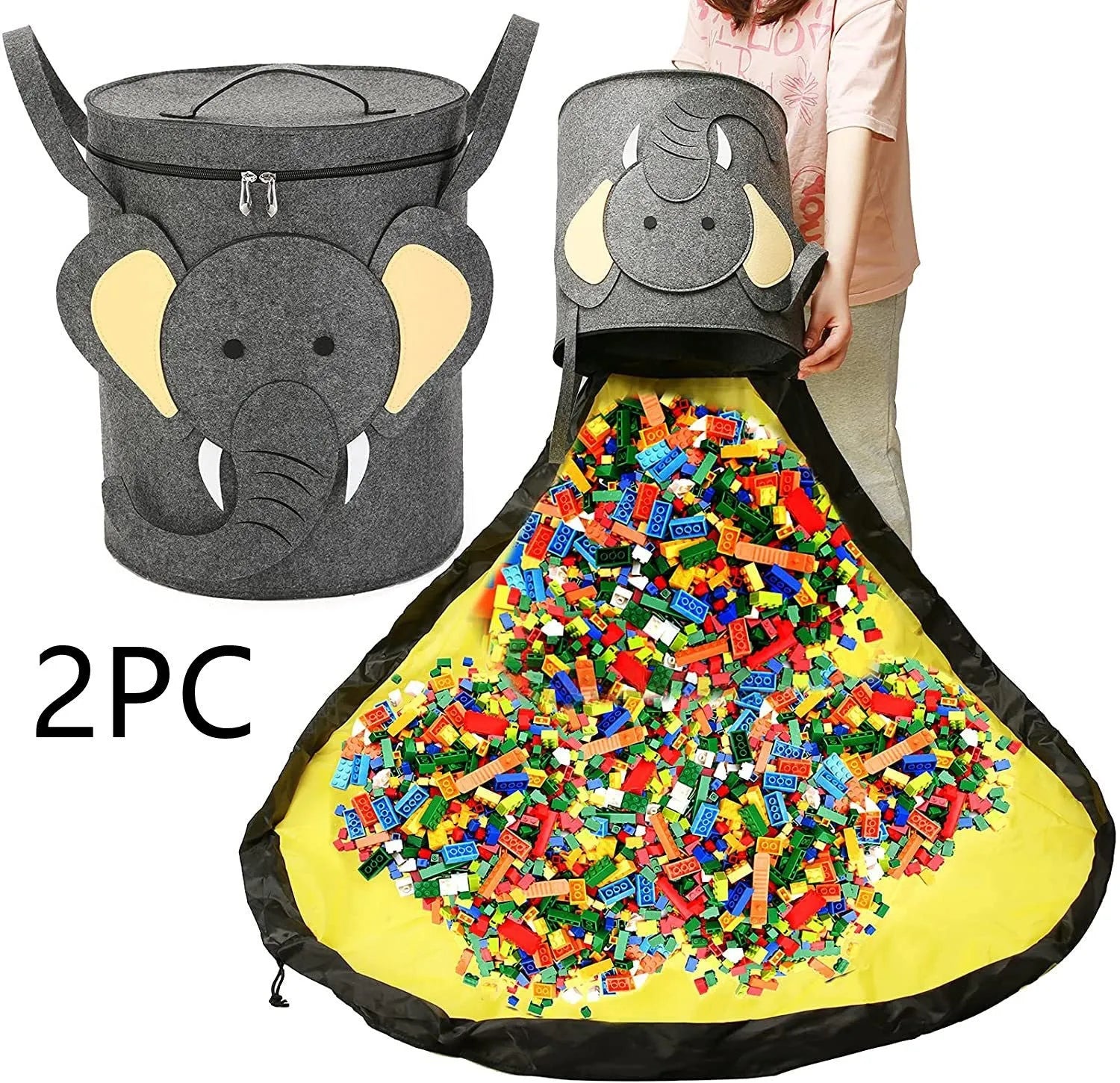 Green cube-shaped felt storage bag with pull rope, laid flat as a play mat.