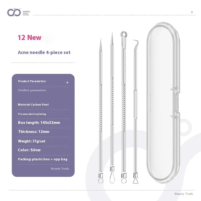 Four silver metal acne needles with ultra-fine pointed tips for blackhead extraction.