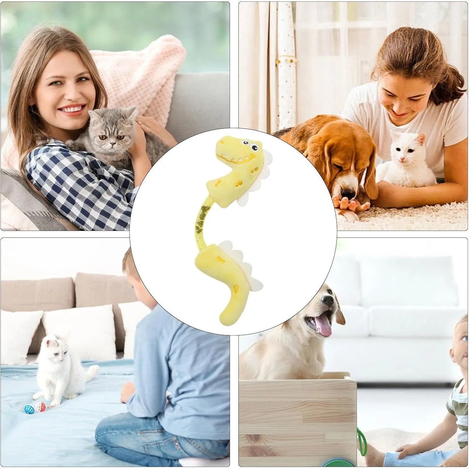 Four cat toys bundle including plush mouse, fish, bunny, and rope toy in pink, purple, or yellow colours