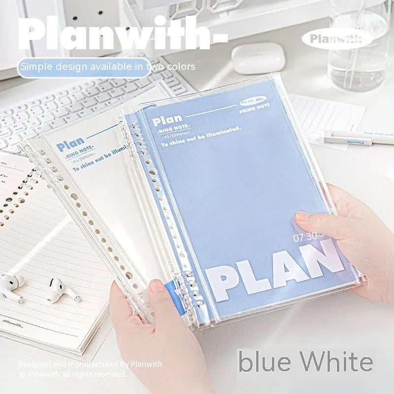 Clear A5 PVC spiral binder organiser for loose papers, shown in blue and white colour options.