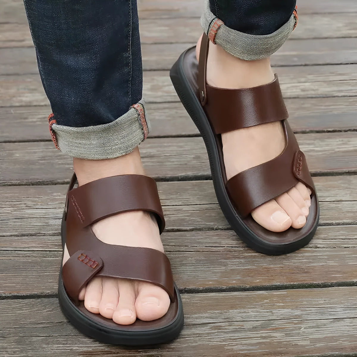 Men's brown waterproof plastic slip-on sandals on a grey background.
