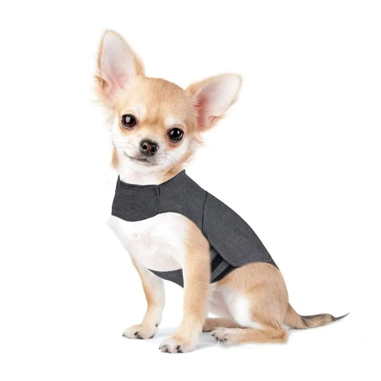 Heather grey dog anxiety jacket and warm vest on mannequin showing brocade cotton ponte-de-roma fabric