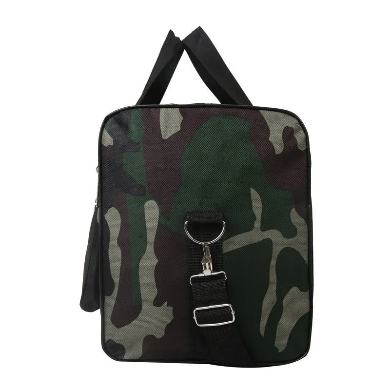 Green camouflage waterproof fabric luggage bag with striped interior lining.