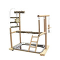 Assembled pepper wood parrot toy stand with tiger skin peony design and sub-stand pole for cage mounting.