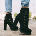 Women's suede ankle boots with thick heels, buckle straps, and rivet details in four colour options
