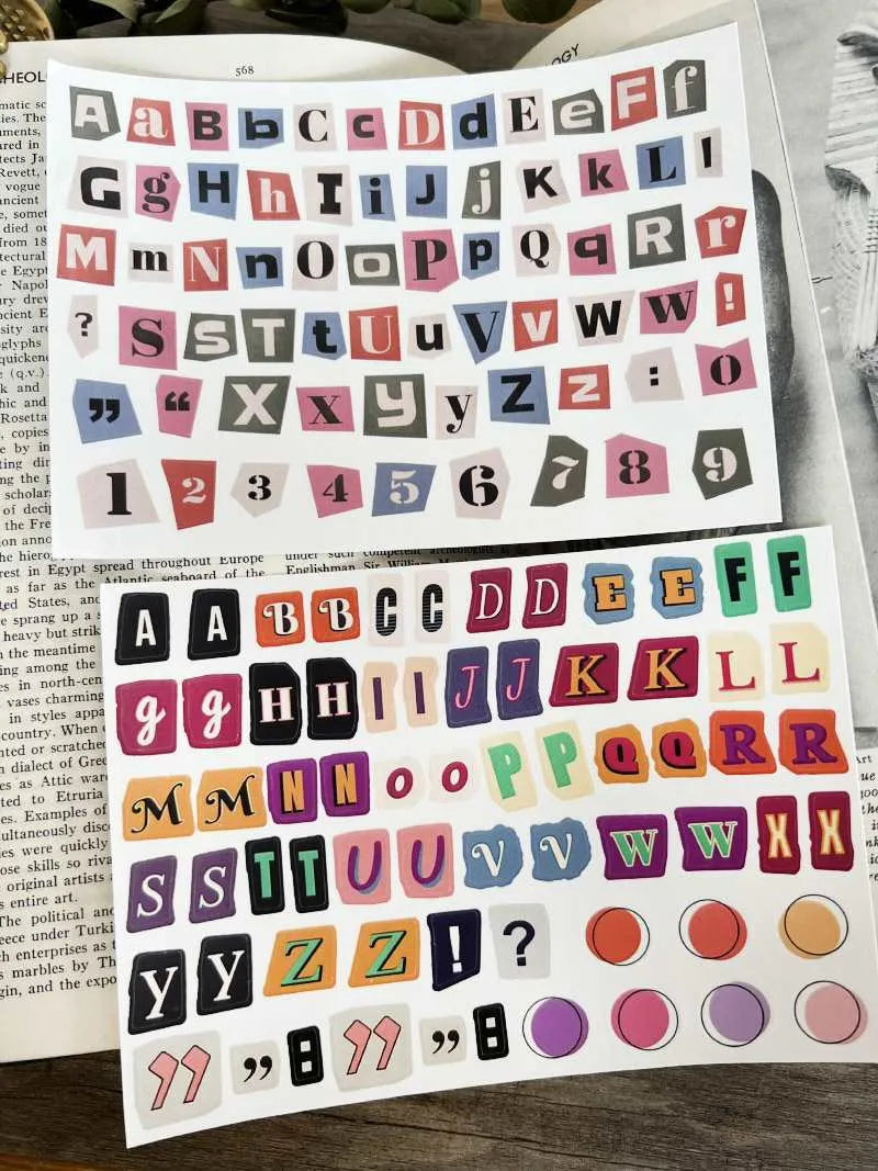 English letters and numbers label stickers in cute printed style for journal and planner decoration