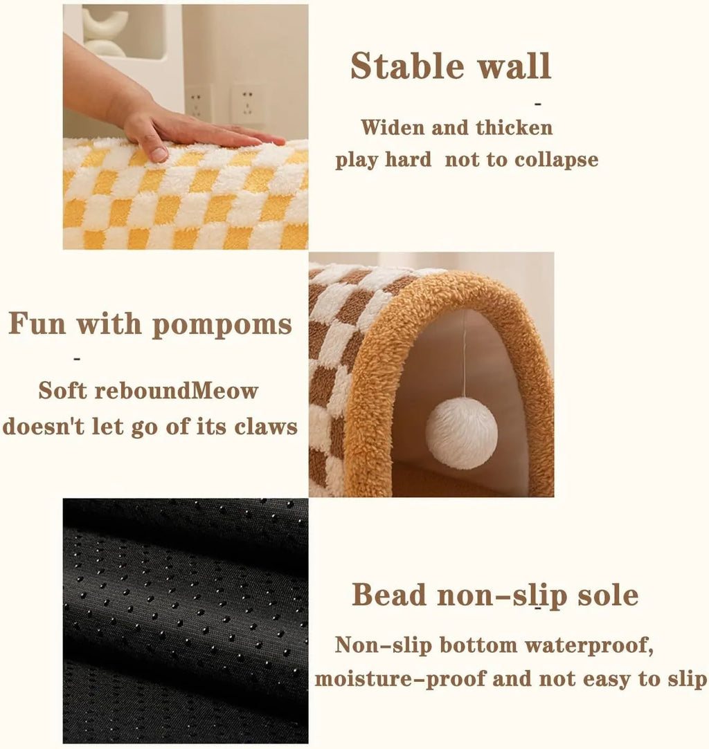 Brown plush plaid cat tunnel bed with central mat, showing collapsible tube and non-slip bottom