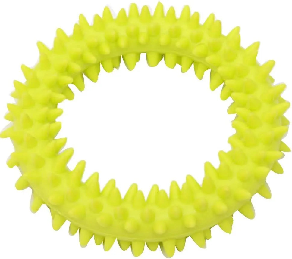 9.5cm diameter TPR dog chew toy with spiked dental cleaning nubs in multiple colours