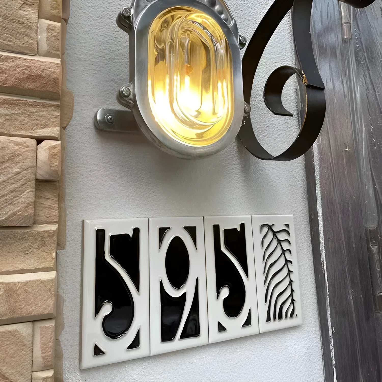 Handmade enamel art ceramic retro doorplate showing a number, dimensions 76mm by 152mm.