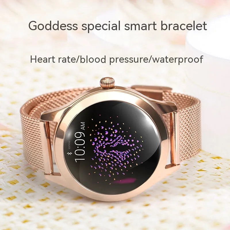 Women's sports smartwatch showing heart rate monitoring and smartphone connectivity features
