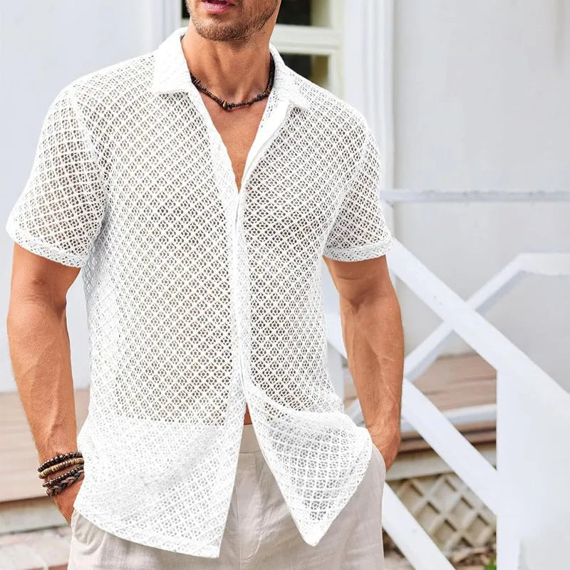 Man wearing a solid colour short sleeve lapel cardigan shirt on a beach